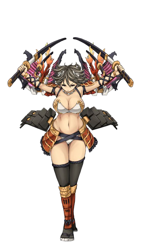 1girl artist_request breasts brown_hair cleavage dual_wielding full_body holding holding_sword holding_weapon katana large_breasts midriff navel official_art oshiro_project oshiro_project_re saga_(oshiro_project) sheath short_hair sword transparent_background unsheathing weapon
