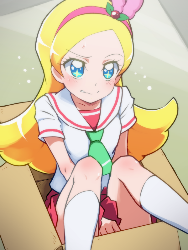 1girl blonde_hair blue_eyes box green_necktie hairband in_box in_container kirahoshi_ciel kirakira_precure_a_la_mode long_hair necktie pink_hairband precure red_skirt school_uniform serafuku shirt sitting skirt solo tj-type1 wavy_mouth white_sailor_collar white_shirt