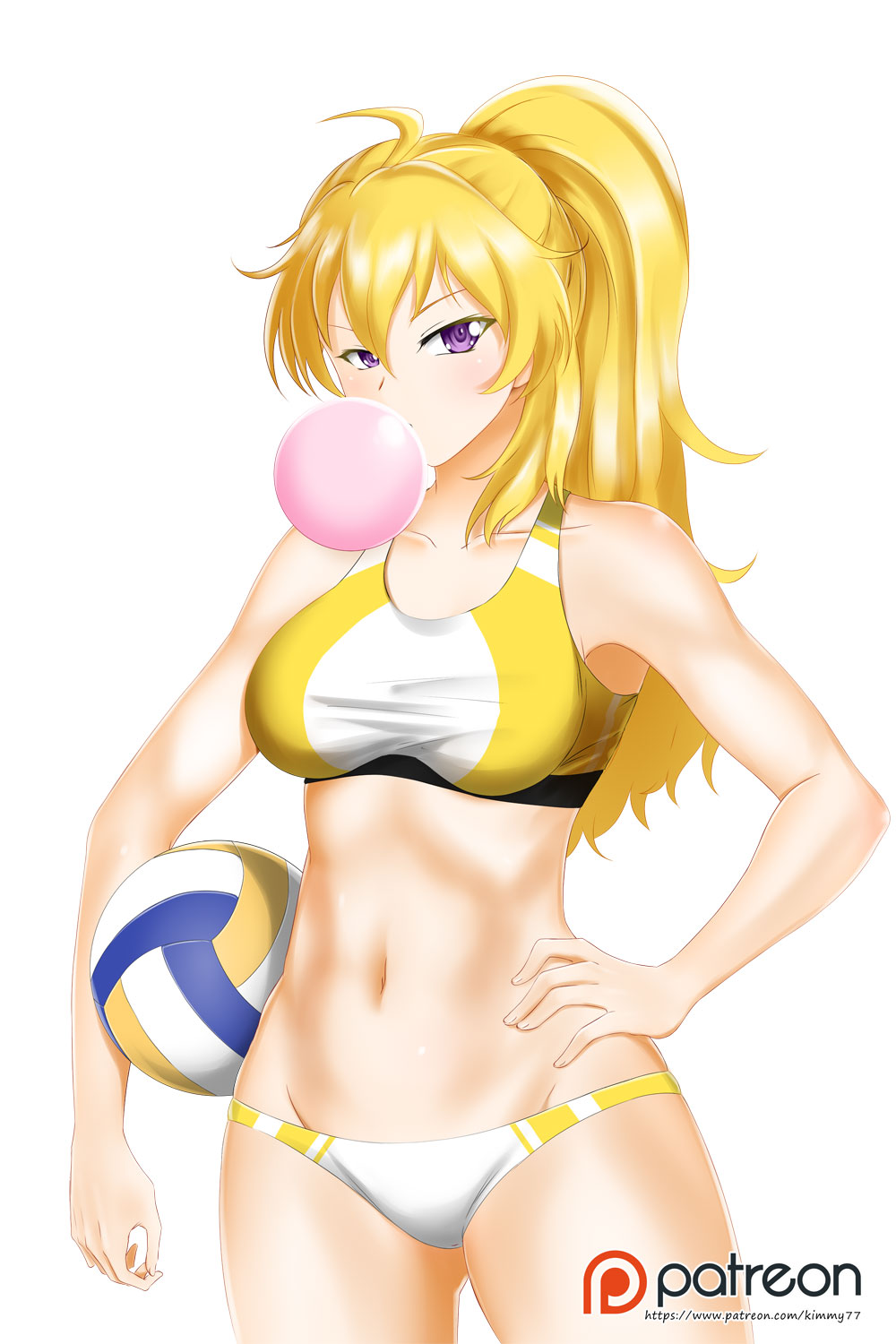 1girl ahoge alfred_cullado ass_visible_through_thighs beach_volleyball bikini blonde_hair breasts bubble_blowing chewing_gum groin hand_on_hip highres long_hair medium_breasts navel patreon_logo rwby solo swimsuit violet_eyes watermark web_address white_background yang_xiao_long