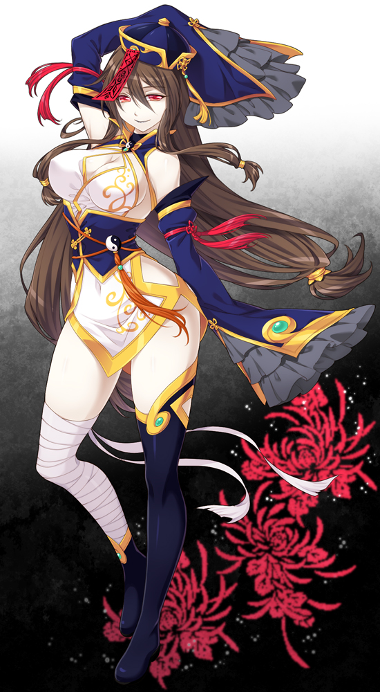 1girl bandage bare_shoulders bibyo breasts brown_hair chinese_clothes cleavage covered_navel detached_sleeves frills hat jiangshi jiangshi_yui long_hair long_sleeves looking_at_viewer mismatched_footwear red_eyes ring_dream smile solo very_long_hair wrestling_outfit yin_yang