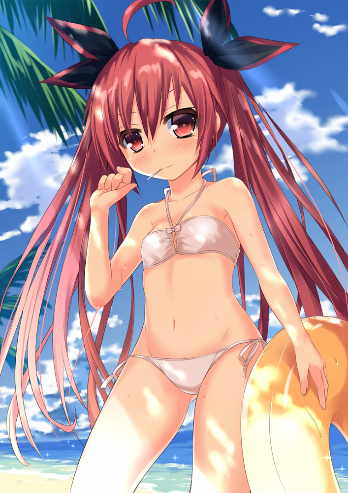 1girl bikini candy clouds cowboy_shot date_a_live flat_chest food halter_top halterneck innertube itsuka_kotori kmcgold30 light_rays lollipop long_hair looking_at_viewer mouth_hold navel outdoors palm_tree red_eyes redhead side-tie_bikini sky solo sunbeam sunlight swimsuit tree twintails white_bikini