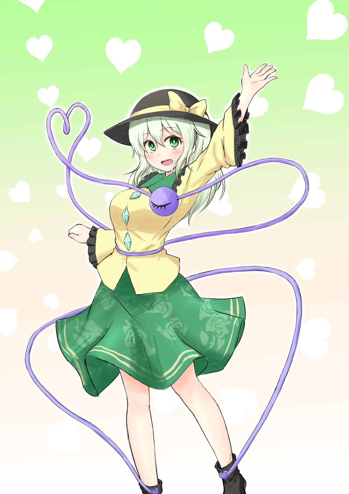 1girl :d arm_up black_shoes blush bow breasts cowboy_shot eyeball floral_print forneus_0 green_eyes green_hair green_skirt hair_between_eyes hat hat_bow heart heart_of_string highres komeiji_koishi long_hair long_sleeves looking_at_viewer medium_breasts open_mouth shoes skirt smile solo third_eye wide_sleeves