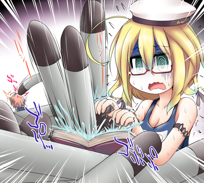 2girls ahoge bare_shoulders blonde_hair blue_eyes bookshelf breasts cleavage commentary_request flower from_behind glasses hair_flower hair_ornament hat i-58_(kantai_collection) i-8_(kantai_collection) kantai_collection large_breasts multiple_girls ouno_(nounai_disintegration) panicking peaked_cap red-framed_eyewear school_swimsuit school_uniform serafuku short_hair swimsuit torpedo