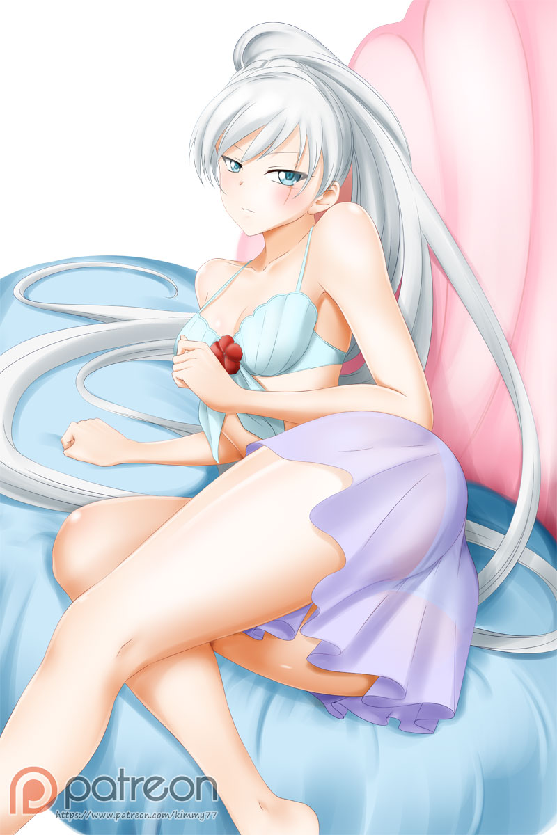 absurdly_long_hair alfred_cullado arm_support ass blue_eyes blue_panties blush breasts cleavage grey_hair highres legs lingerie long_hair looking_at_viewer medium_breasts panties patreon_logo rwby scar scar_across_eye seashell see-through shell side_ponytail thighs underwear very_long_hair watermark web_address weiss_schnee white_background