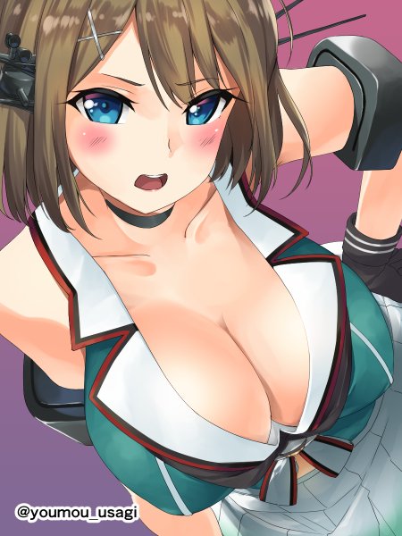 1girl black_gloves blue_eyes blush breasts brown_hair choker cleavage collarbone gloves gradient gradient_background hair_ornament hairclip hand_on_hip headgear kantai_collection large_breasts leaning_forward maya_(kantai_collection) midriff open_mouth pleated_skirt purple_background remodel_(kantai_collection) rigging short_hair skirt solo twitter_username white_skirt youmou_usagi