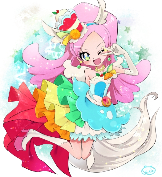 1girl ;d blue_hairband blue_skirt boots cure_parfait earrings food_themed_hair_ornament full_body gloves green_eyes hair_ornament hairband jewelry kirahoshi_ciel kirakira_precure_a_la_mode knee_boots long_hair magical_girl one_eye_closed open_mouth pink_hair precure rainbow_order skirt smile solo star tail v white_boots white_gloves yoshishi_(yosisitoho)