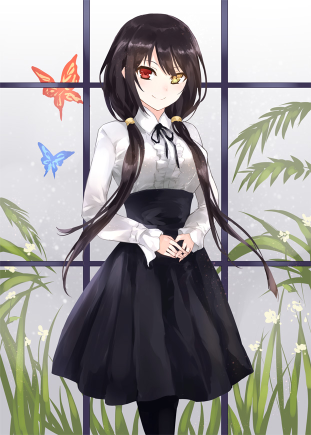 1girl asle black_hair black_legwear blush breasts butterfly closed_mouth date_a_live heterochromia large_breasts long_hair looking_at_viewer pantyhose red_eyes smile solo tokisaki_kurumi twintails yellow_eyes