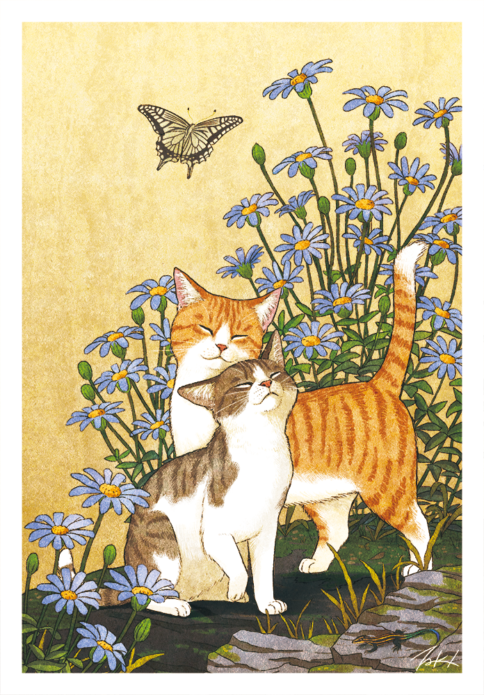 butterfly cat cat_focus closed_eyes flower lizard no_humans original rock signature tabby_cat takigraphic