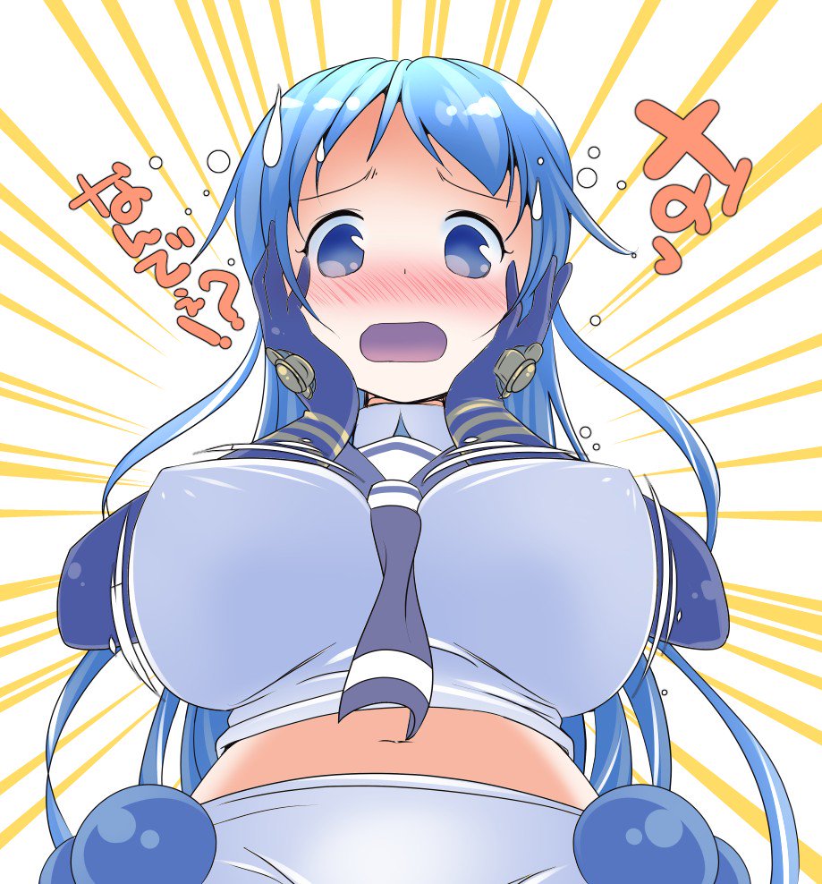 1girl alternate_breast_size blue_eyes blue_hair blush bouncing_breasts breasts commentary_request elbow_gloves emphasis_lines erect_nipples from_below gloves hands_on_own_face kantai_collection large_breasts long_hair navel necktie nose_blush open_mouth samidare_(kantai_collection) solo sweatdrop translated upper_body white_background yamaneko_suzume
