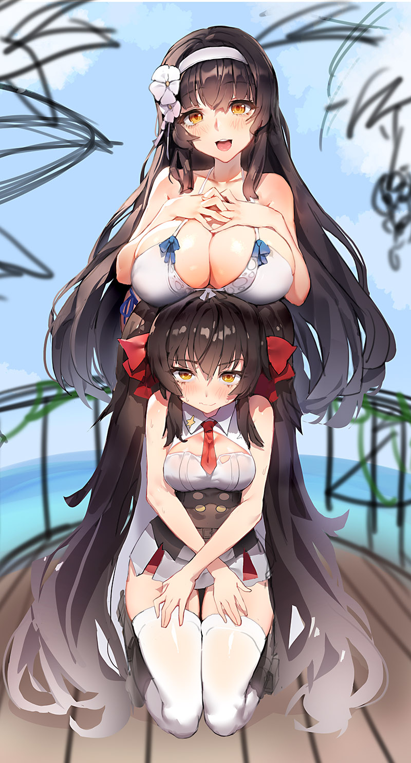 2girls 3: bangs black_hair blush breast_rest breasts closed_mouth corset day eyebrows_visible_through_hair flower girls_frontline hair_between_eyes hair_flower hair_ornament hairband highres interlocked_fingers kneeling large_breasts long_hair looking_at_viewer medium_breasts muloli multiple_girls ocean open_mouth outdoors own_hands_together qbz-95_(girls_frontline) qbz-97_(girls_frontline) sidelocks skirt smile standing sweatdrop teeth thigh-highs thighs two_side_up very_long_hair white_legwear white_skirt yellow_eyes