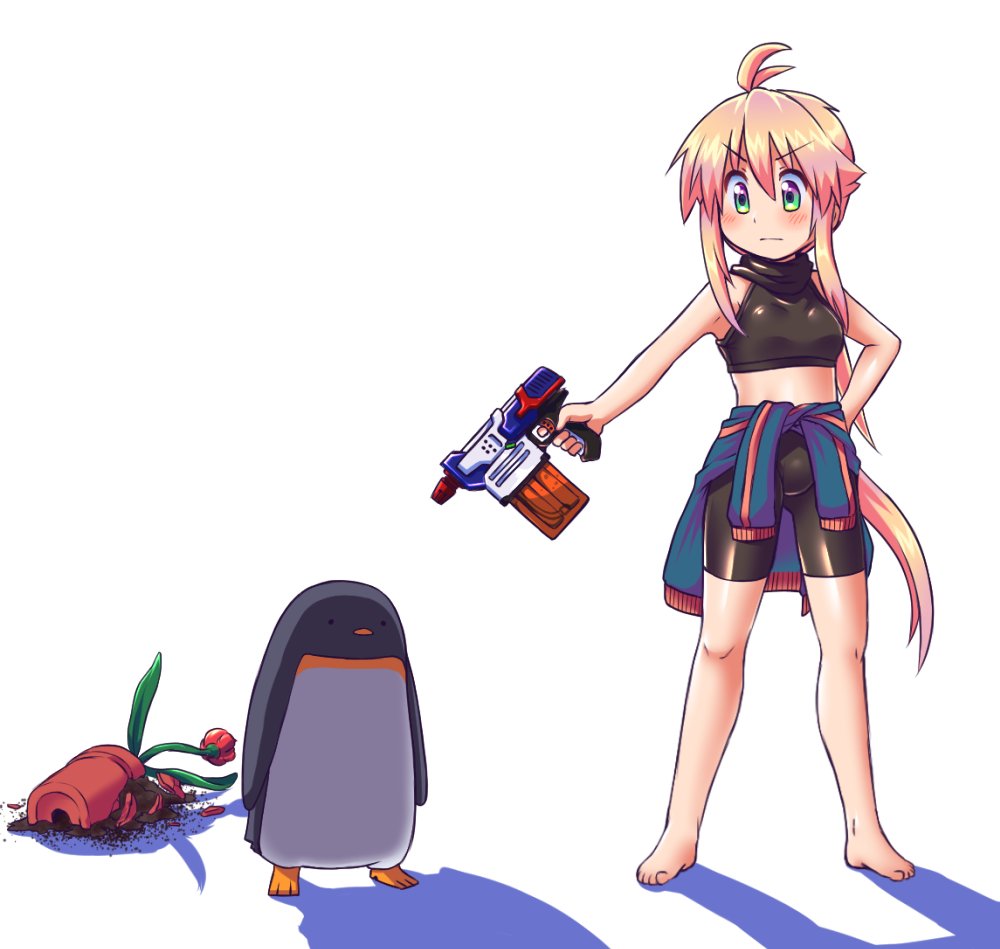 1girl ahoge barefoot bike_shorts bird blonde_hair broken clothes_around_waist flower flower_pot full_body green_eyes hand_on_hip jacket jacket_around_waist long_hair m.m midriff original penguin ponytail shadow shorts simple_background soil standing tank_top water_gun white_background