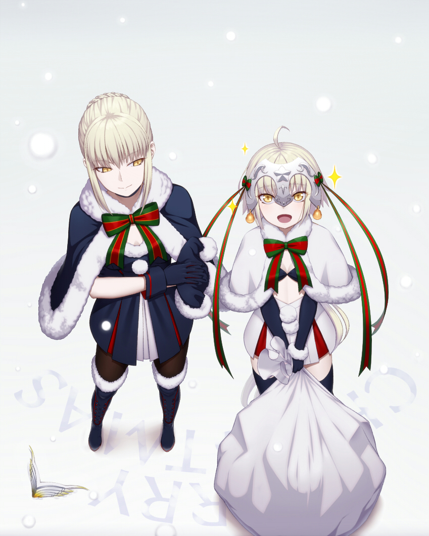 2girls ahoge amase_(yagami666) artoria_pendragon_(all) bell black_boots black_legwear blonde_hair blush boots bow breasts christmas cleavage closed_mouth eyebrows_visible_through_hair fate/grand_order fate_(series) green_bow green_ribbon headpiece jeanne_alter jeanne_alter_(santa_lily)_(fate) looking_at_another looking_at_viewer medium_breasts multicolored multicolored_bow multicolored_ribbon multiple_girls open_mouth pantyhose red_bow red_ribbon ribbon ruler_(fate/apocrypha) saber_alter sack short_hair small_breasts smile snow snowing thigh-highs thigh_boots yellow_eyes