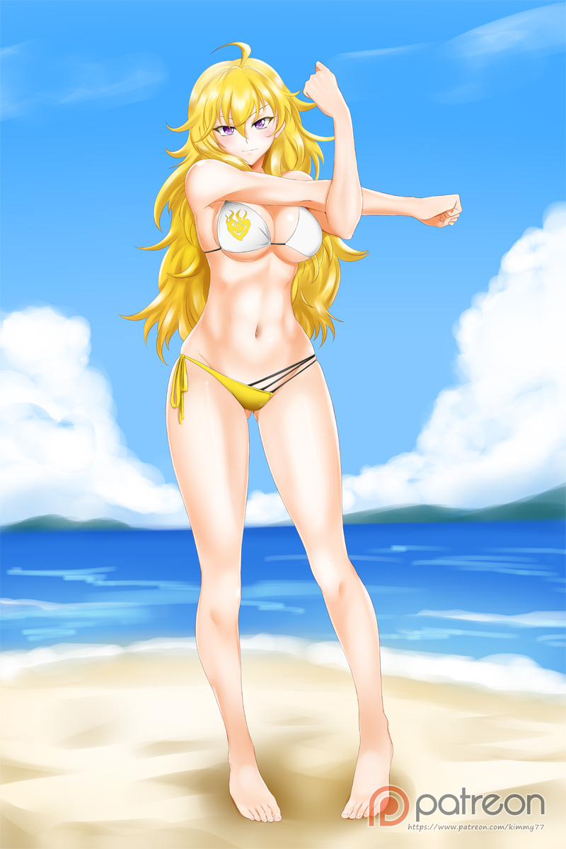 1girl abs ahoge alfred_cullado ass_visible_through_thighs bikini blonde_hair blue_skirt blush breasts cleavage clouds groin highres hips large_breasts legs long_hair long_legs navel ocean patreon_logo rwby sand side-tie_bottom skindentation skirt smile solo stretch swimsuit thighs under_boob violet_eyes water watermark web_address yang_xiao_long