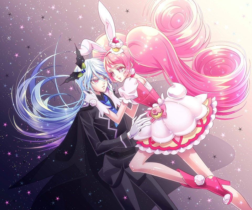 1boy 1girl animal_ears black_pants black_shirt blue_hair cake_hair_ornament colored_eyelashes extra_ears eye_contact food_themed_hair_ornament gloves grey_background hair_ornament hairband julio_(precure) kirakira_precure_a_la_mode lady_y long_hair looking_at_another pants pink_choker pink_eyes pink_hair pink_hairband pink_shoes precure rabbit_ears shirt shoes skirt sparkle twintails usami_ichika white_gloves white_skirt