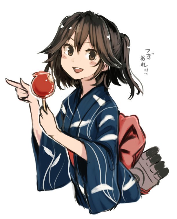 1girl :d alternate_costume blue_kimono brown_eyes brown_hair candy_apple commentary_request food hair_between_eyes japanese_clothes kantai_collection kimono long_hair long_sleeves looking_at_viewer obi open_mouth pointing round_teeth sash sendai_(kantai_collection) simple_background smile solo teeth terajin torpedo translated upper_body white_background wide_sleeves yukata