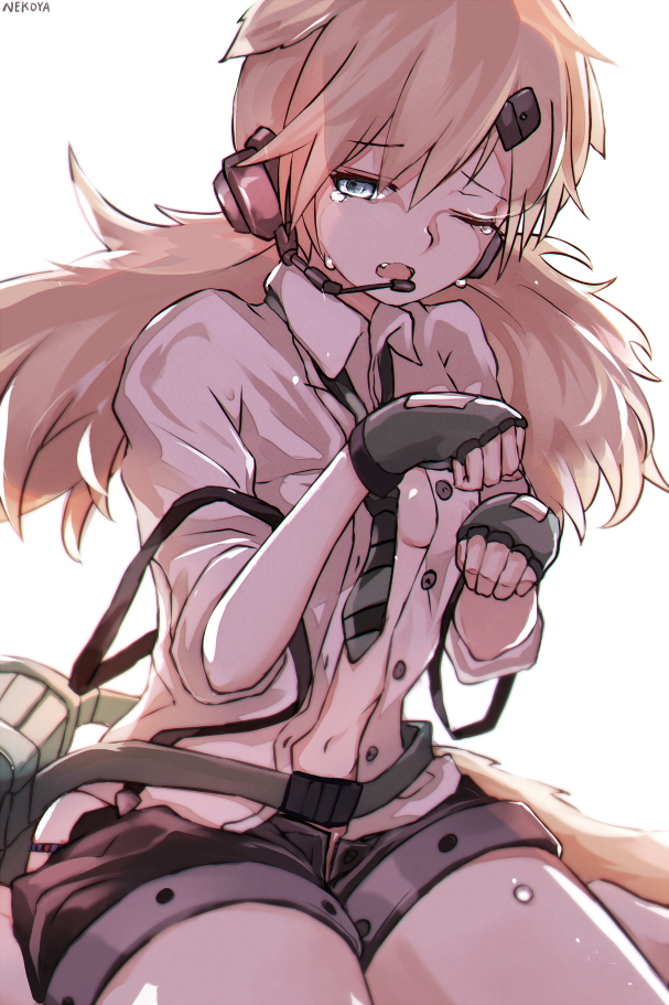 1girl backlighting bag bangs black_shorts blonde_hair collared_shirt dress_shirt dyolf eyebrows_visible_through_hair fang fingerless_gloves girls_frontline gloves grey_eyes grey_eyes grey_gloves headset idw_(girls_frontline) looking_at_viewer one_eye_closed open_clothes open_mouth open_shirt paw_pose shirt short_shorts shorts shoulder_bag sitting sleeves_rolled_up solo suspender_shorts suspenders tears twintails