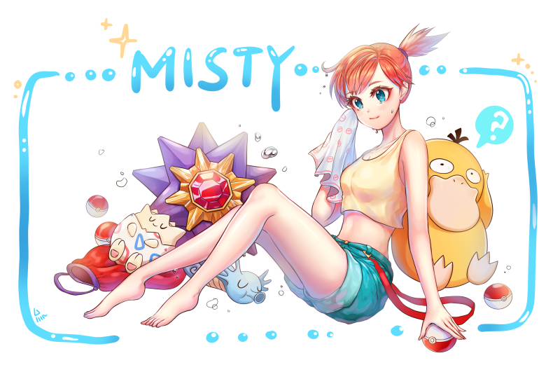 1girl bare_shoulders barefoot blue_eyes blush breasts character_name character_request cleavage closed_mouth eyebrows_visible_through_hair kasumi_(pokemon) looking_at_viewer medium_breasts midriff navel orange_hair ozzingo poke_ball pokemon pokemon_(creature) psyduck short_hair sitting smile solo starmie togepi