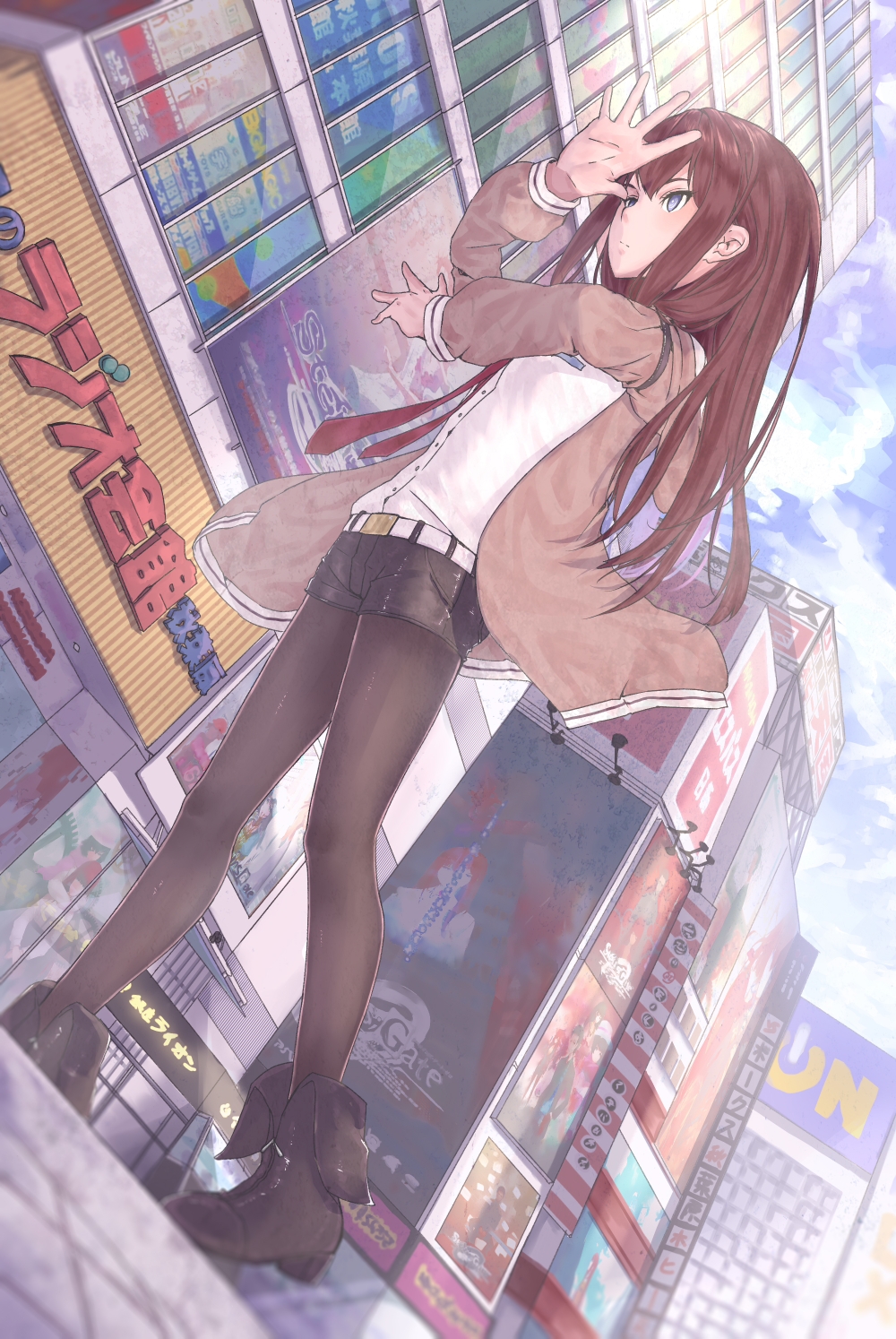 1girl black_boots black_legwear boots brown_hair closed_mouth high_heel_boots high_heels highres long_hair long_sleeves looking_away makise_kurisu necktie pantyhose red_necktie roki_(0214278) solo steins;gate violet_eyes