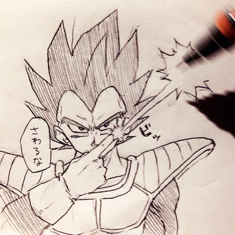 1boy armor black_eyes black_hair dragon_ball dragonball_z energy_beam fourth_wall gloves index_finger_raised looking_at_viewer male_focus mechanical_pencil monochrome pencil simple_background solo_focus speech_bubble tkgsize traditional_media translation_request vegeta