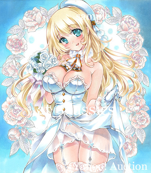 1girl aqua_eyes artist_name at_classics atago_(kantai_collection) bangs bare_shoulders beret blonde_hair blush bouquet breasts cleavage cowboy_shot detached_collar dress eyebrows_visible_through_hair flower fur_collar garter_straps gloves hat holding holding_bouquet kantai_collection large_breasts long_hair looking_at_viewer open_mouth panties sample see-through sidelocks smile solo thigh-highs traditional_media underwear watermark wedding_dress white_gloves white_hat white_legwear white_panties