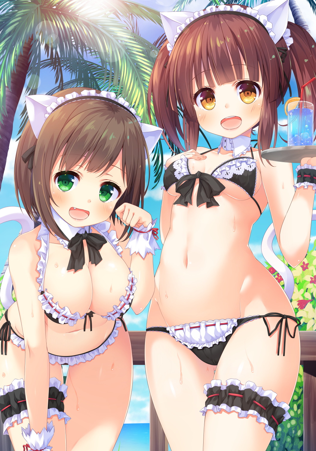 2girls :d alternate_costume animal_ears asa_no_ha bare_shoulders bikini black_bikini blonde_hair blush breasts brown_hair cat_ears cat_tail cleavage coconut_tree commentary_request cowboy_shot cup day drinking_glass enmaided fake_animal_ears fake_tail frilled_bikini frills green_eyes groin highres idolmaster idolmaster_cinderella_girls leaning_forward looking_at_viewer maekawa_miku maid maid_bikini maid_headdress medium_breasts multiple_girls navel ocean ogata_chieri open_mouth palm_tree paw_pose plant small_breasts smile stomach sunlight swimsuit tail thigh_gap thigh_strap thighs tree twintails wrist_cuffs