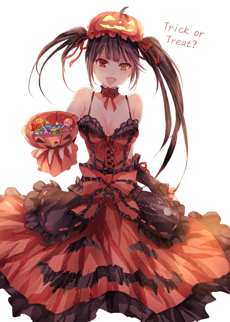 1girl asle blush breasts candy cleavage collarbone date_a_live english eyebrows_visible_through_hair food halloween heterochromia large_breasts lollipop long_hair looking_at_viewer open_mouth red_eyes smile solo tokisaki_kurumi twintails yellow_eyes