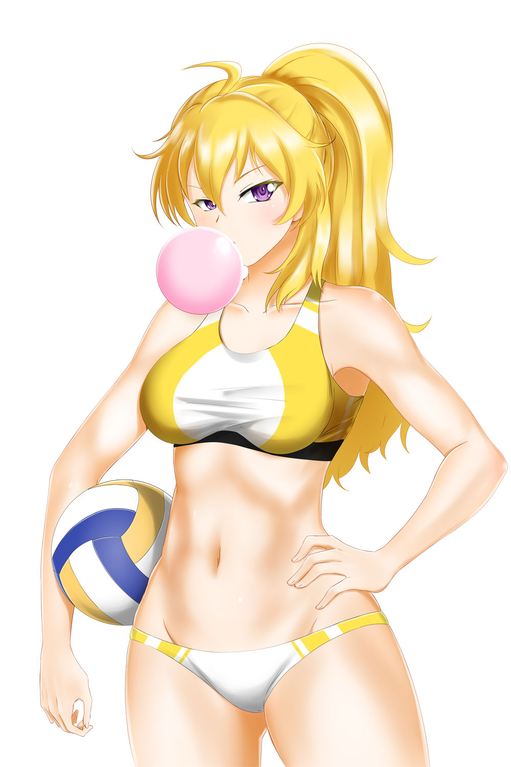 1girl ahoge alfred_cullado ass_visible_through_thighs beach_volleyball bikini blonde_hair breasts bubble_blowing chewing_gum groin hand_on_hip highres long_hair medium_breasts navel patreon_logo rwby solo swimsuit violet_eyes watermark web_address white_background yang_xiao_long