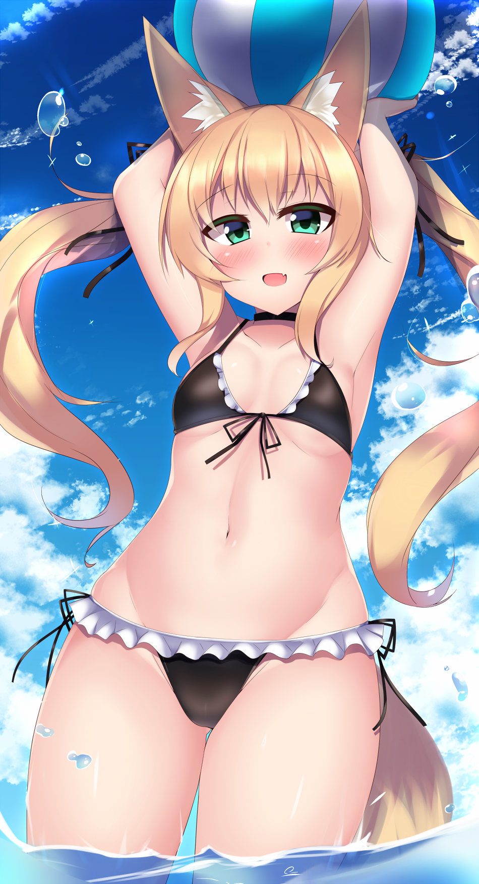 1girl :d animal_ears armpits arms_up ball bangs bare_arms beachball bikini bikini_skirt black_bikini black_choker black_ribbon blonde_hair blue_sky blush breasts choker clouds collarbone commentary_request cowboy_shot day eyebrows_visible_through_hair fang fox_ears from_below front-tie_bikini front-tie_top green_eyes hair_ribbon highres holding holding_ball kutan long_hair looking_at_viewer navel open_mouth original outdoors ribbon side-tie_bikini sky small_breasts smile solo stomach string_bikini swimsuit twintails wading water_drop