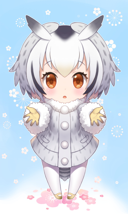 1girl black_hair blonde_hair blue_background blush brown_eyes chibi demmy eyebrows_visible_through_hair floral_background full_body fur_trim gloves grey_coat hair_between_eyes head_wings kemono_friends looking_at_viewer mary_janes multicolored_hair northern_white-faced_owl_(kemono_friends) open_mouth outstretched_arms pantyhose shoes silver_hair solo standing white_legwear yellow_gloves yellow_shoes