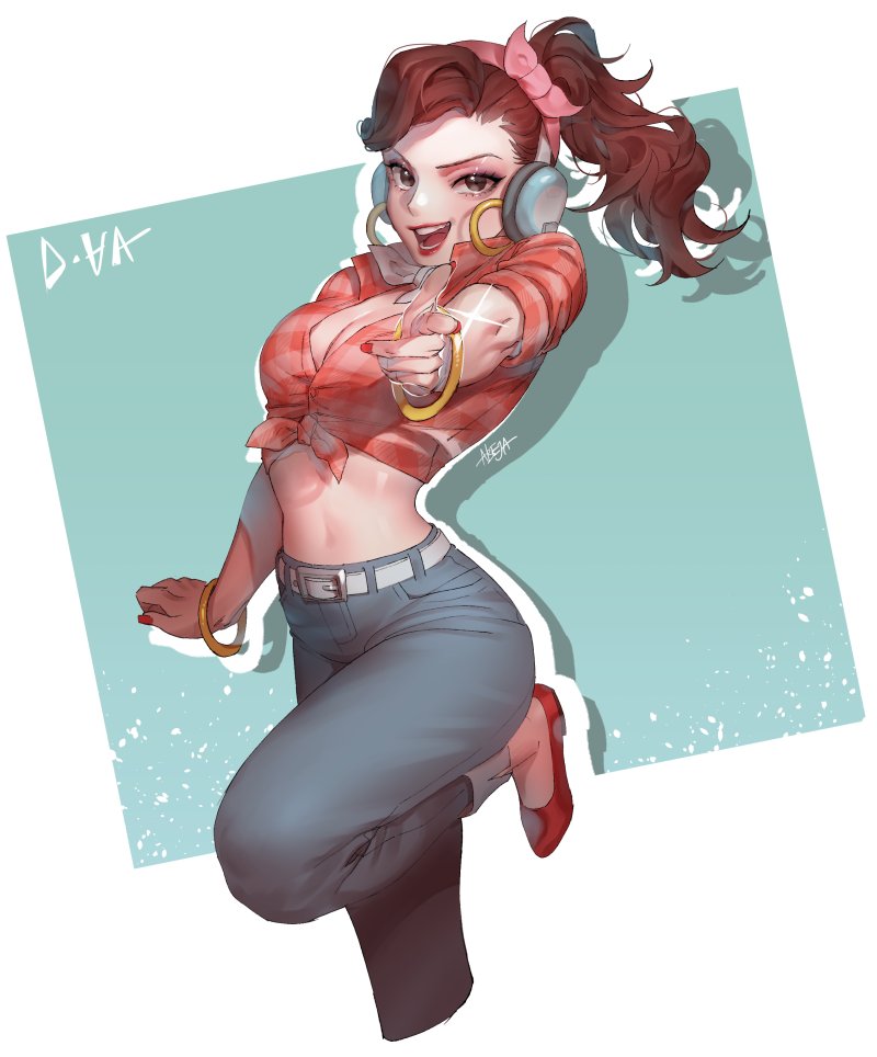 1girl :d abeja alternate_costume arm_at_side artist_name bangle bangs belt belt_buckle blue_pants bracelet breasts brown_eyes brown_hair buckle character_name cleavage collarbone cowboy_shot cruiser_d.va d.va_(overwatch) earrings eyelashes fingernails foreshortening front-tie_top glint grey_choker head_scarf headphones hoop_earrings jewelry leg_up legs_together long_fingernails long_hair looking_at_viewer medium_breasts nail_polish one_leg_raised open_mouth overwatch pants pink_lips plaid plaid_shirt pointing pointing_at_viewer ponytail red_lips red_nails red_shirt red_shoes shirt shoes short_sleeves signature smile solo standing standing_on_one_leg swept_bangs teeth tight tight_pants white_belt