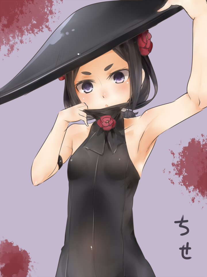 1girl akino_shuu bare_shoulders black_hair bow bowtie character_name chise_(princess_principal) flower hair_flower hair_ornament hat hikimayu holding holding_hat jingasa mask mask_removed princess_principal sleeveless solo unmasking violet_eyes