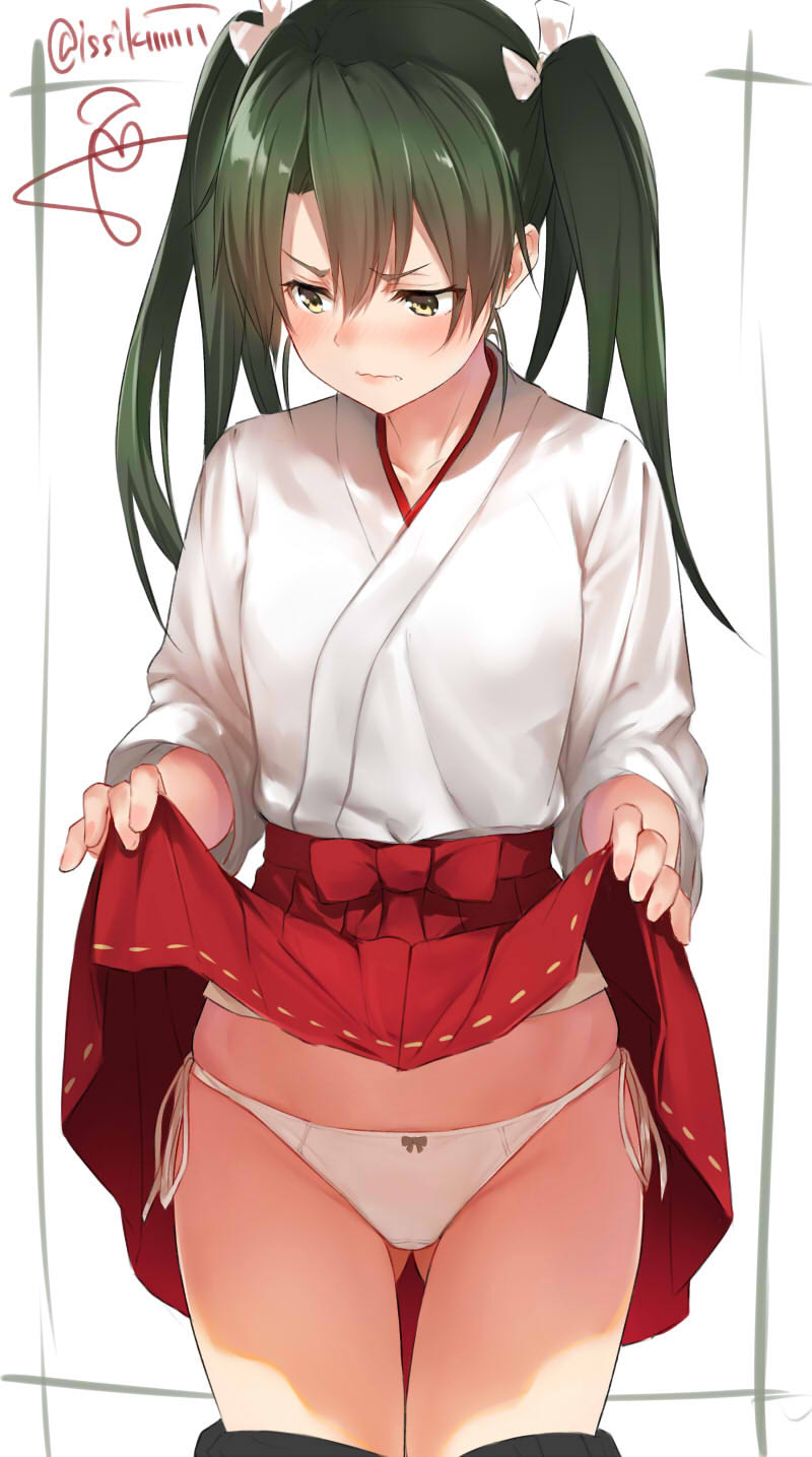1girl artist_name blush cowboy_shot fang_out gluteal_fold green_hair hair_between_eyes hair_tie hakama_skirt highres isshiki_(ffmania7) kantai_collection looking_away outside_border panties ribbon-trimmed_skirt ribbon_trim side-tie_panties signature simple_background skirt skirt_lift solo thigh-highs twintails underwear wavy_mouth white_panties yellow_eyes zuikaku_(kantai_collection)