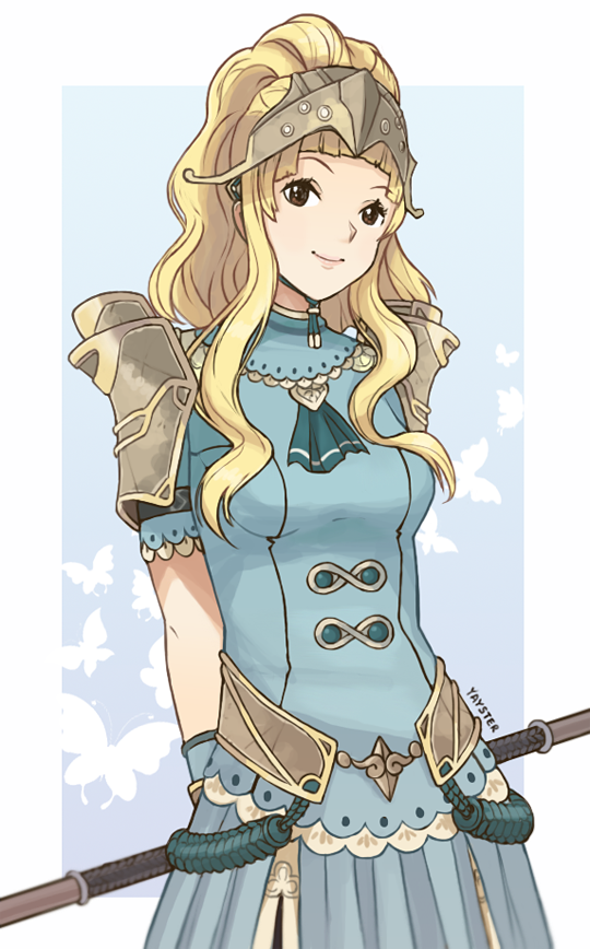 1girl blonde_hair clair_(fire_emblem) curly_hair fire_emblem fire_emblem_echoes:_mou_hitori_no_eiyuuou fire_emblem_gaiden holding holding_weapon long_hair polearm simple_background smile spear weapon