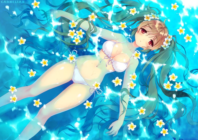 bikini blush breasts brown_hair carnelian cleavage eyebrows_visible_through_hair flower from_above front-tie_bikini front-tie_top gluteal_fold hair_flower hair_ornament kantai_collection long_hair looking_at_viewer lying medium_breasts murasame_(kantai_collection) navel on_back outdoors outstretched_arms parted_lips partially_submerged red_eyes side-tie_bikini swimsuit twintails very_long_hair water wet