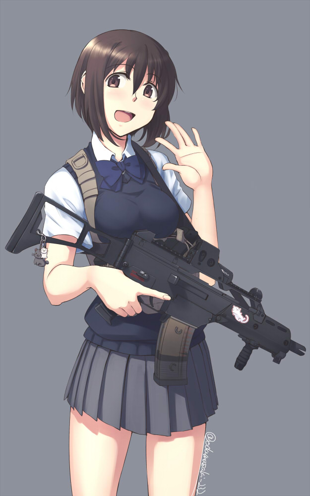 1girl :d assault_rifle bow bowtie brown_eyes brown_hair commentary_request cowboy_shot g36c grey_background gun keychain looking_at_viewer oda_masaki_(b-minor) open_mouth original pleated_skirt rifle school_uniform short_hair skirt smile solo twitter_username vest weapon