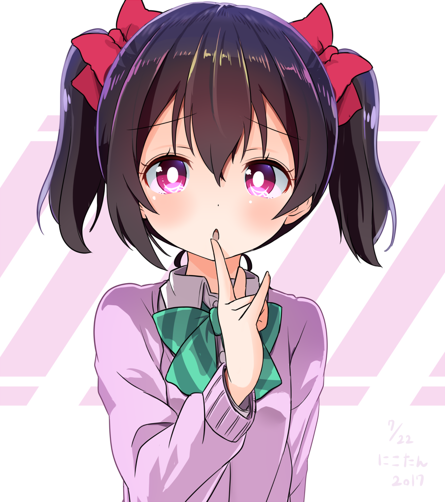 1girl :o \m/ bangs black_hair bow bowtie cardigan commentary_request finger_to_mouth green_bow green_bowtie hair_between_eyes hair_bow long_sleeves looking_at_viewer love_live! love_live!_school_idol_project otonokizaka_school_uniform pink_cardigan red_bow red_eyes school_uniform shikei_(jigglypuff) solo striped striped_bow striped_bowtie twintails upper_body yazawa_nico