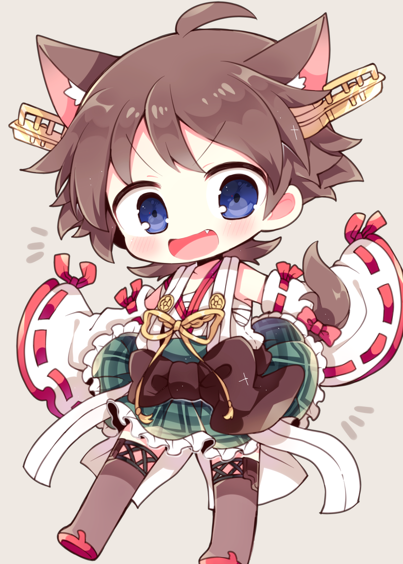 &gt;:d 1girl :d ahoge animal_ears beige_background blue_eyes blush boots bow brown_hair cat_ears cat_tail chibi detached_sleeves fang green_skirt headgear hiei_(kantai_collection) kantai_collection kemonomimi_mode kyou_(nekoneko) long_sleeves looking_at_viewer nontraditional_miko open_mouth plaid plaid_skirt ribbon-trimmed_sleeves ribbon_trim sarashi short_hair simple_background skirt smile solo tail tail_bow thigh-highs thigh_boots