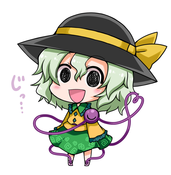 1girl :d black_eyes black_hat blush chibi comic commentary eyebrows_visible_through_hair frilled_shirt_collar frilled_sleeves frills full_body green_collar green_hair green_skirt hair_between_eyes hat hat_ribbon heart heart_of_string komeiji_koishi looking_at_viewer noai_nioshi open_mouth print_skirt ribbon shirt short_hair simple_background skirt smile solo standing third_eye touhou translated white_background yellow_ribbon yellow_shirt