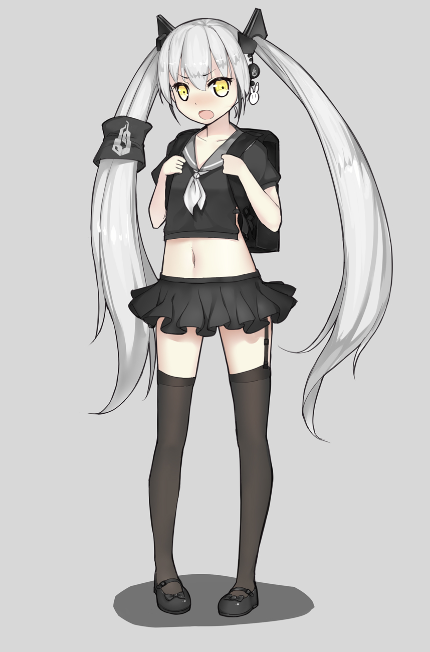 1girl bag blush destroyer_(girls_frontline) female girls_frontline grey_background highres long_hair looking_at_viewer navel open_mouth sangvis_ferri school_uniform solo thigh-highs twintails white_hair yellow_eyes