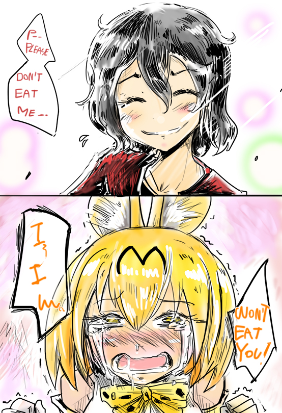 2koma animal_ears bare_shoulders black_hair blonde_hair blush bow bowtie clenched_hands closed_eyes collarbone comic crying crying_with_eyes_open drooling english eyebrows_visible_through_hair face flying_sweatdrops gapangman gloves hair_between_eyes half-closed_eyes kaban_(kemono_friends) kemono_friends no_hat no_headwear nose_blush red_shirt serval_(kemono_friends) serval_ears serval_print shirt short_hair sleeveless smile snot streaming_tears tears trembling wavy_hair