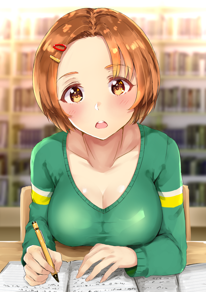 1girl blush bookshelf breasts brown_eyes brown_hair chair cleavage commentary_request hair_ornament hairclip idolmaster idolmaster_cinderella_girls indoors large_breasts library looking_at_viewer notebook older open_mouth pen ryuuzaki_kaoru sg_(esujii) short_hair sitting solo table