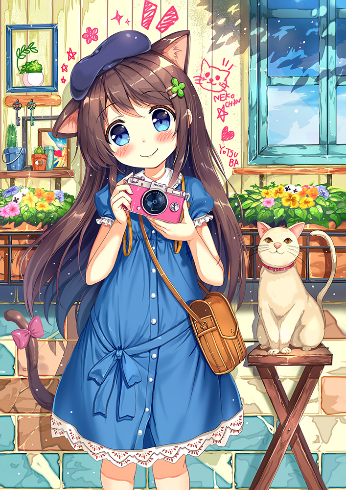 1girl akabane_(zebrasmise) animal_ears bangs beret blue_dress blue_eyes blush bow brown_hair camera cat cat_ears cat_tail closed_mouth cover cover_page doujin_cover dress eyebrows_visible_through_hair hair_ornament hairclip hands_up hat holding long_hair looking_at_viewer original plant potted_plant purple_bow sidelocks smile solo tail tail_bow tareme window
