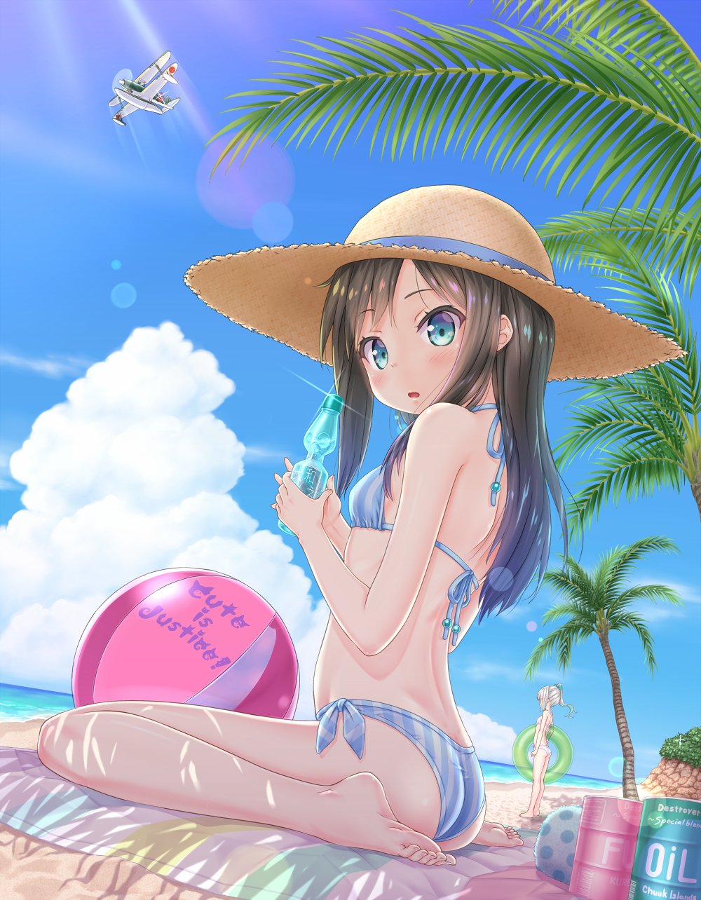 2girls aircraft airplane asashio_(kantai_collection) ass ball beach beachball bikini biplane black_hair blue_eyes blue_sky blush breasts clouds cloudy_sky commentary_request day drum english f1m from_behind gotou_hisashi highres innertube instrument kantai_collection kasumi_(kantai_collection) lens_flare long_hair looking_at_viewer multiple_girls palm_tree parted_lips ramune seaplane side-tie_bikini side_ponytail silver_hair sitting sky small_breasts standing striped striped_bikini swimsuit tree wariza white_bikini