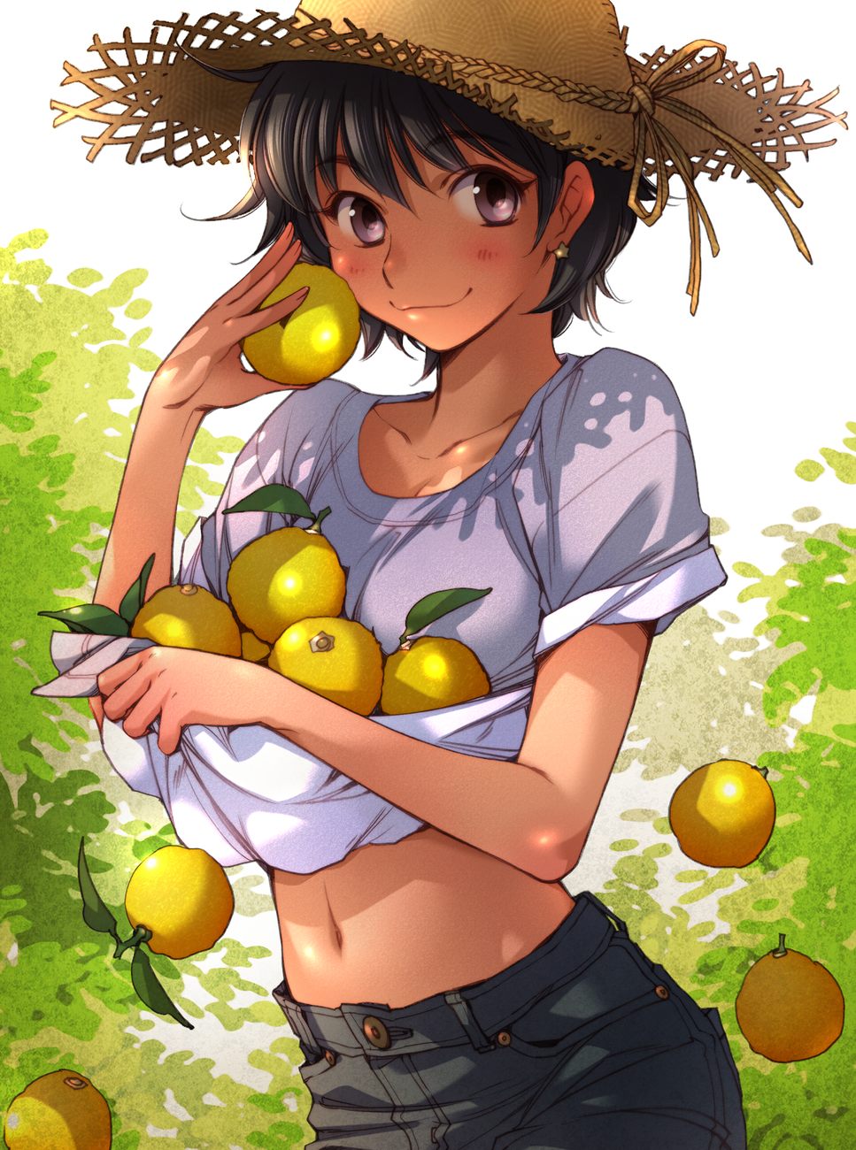 1girl bangs black_hair blush carrying closed_mouth collarbone commentary_request day denim earrings eyebrows_visible_through_hair food fruit hat highres holding holding_fruit jeans jewelry kerorin looking_at_viewer midriff navel orange pants shirt shirt_basket short_hair short_sleeves sleeves_rolled_up smile solo standing star star_earrings straw_hat sun_hat t-shirt tree violet_eyes