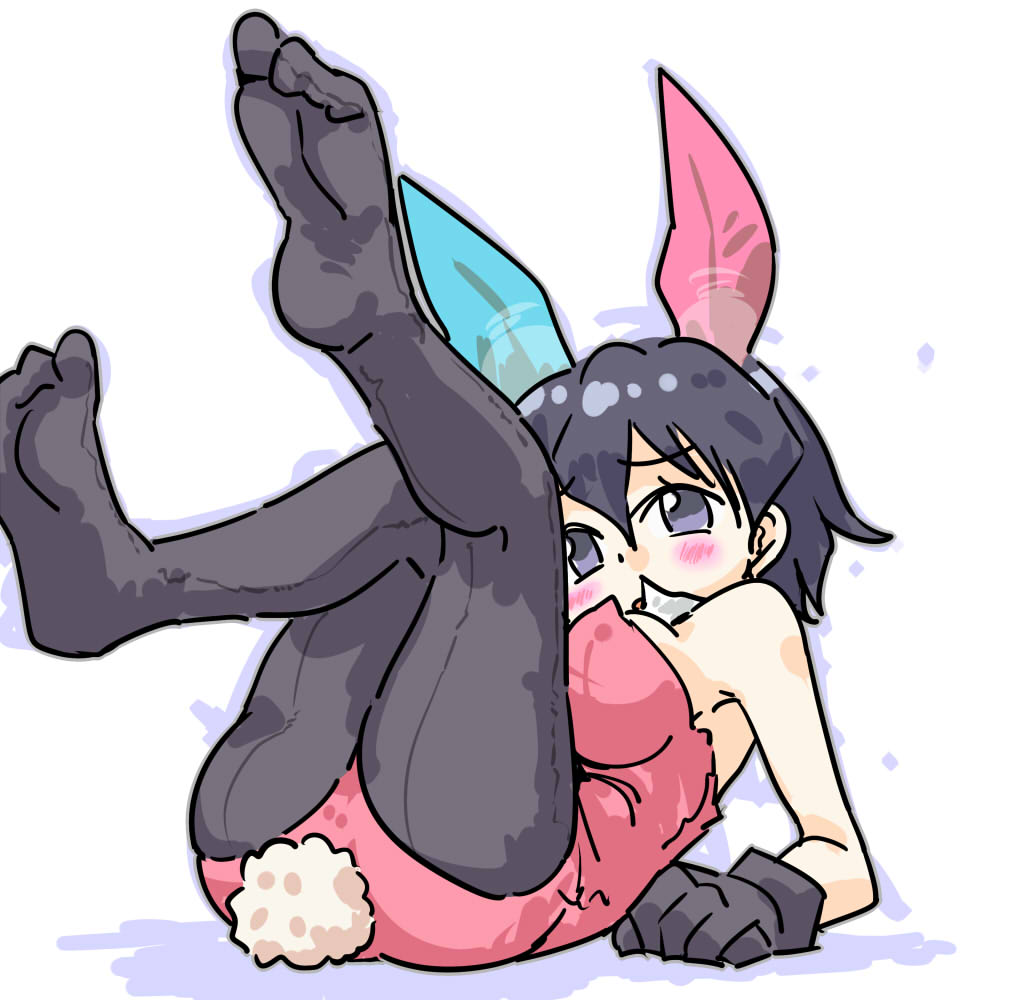 1girl bare_shoulders black_hair blush bunny_tail bunnysuit commentary feathers gloves hair_feathers kaban_(kemono_friends) kemono_friends lying on_back seki_(red_shine) short_hair simple_background tail white_background