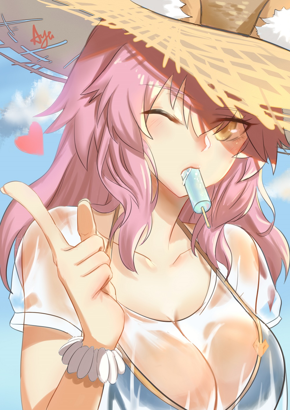 1girl animal_ears ayu_(p1314_win) bikini blue_bikini blush breasts cleavage collarbone fate/grand_order fate_(series) food food_in_mouth fox_ears hat heart highres ice large_breasts long_hair looking_at_viewer one_eye_closed outdoors pink_hair see-through solo swimsuit tamamo_(fate)_(all) tamamo_no_mae_(swimsuit_lancer)_(fate) wet wet_clothes yellow_eyes