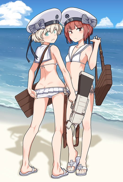 2girls auburn_hair bag bikini brown_eyes hat kantai_collection kikunosukemaru military_hat multiple_girls peaked_cap sailor_bikini sailor_collar sailor_hat short_hair swimsuit tagme white_bikini white_hat z1_leberecht_maass_(kantai_collection) z3_max_schultz_(kantai_collection)