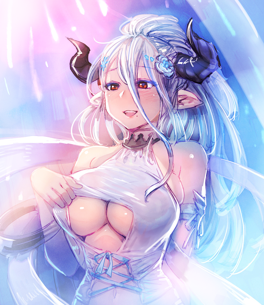 1girl arm_behind_back bare_shoulders blue_hair bow_(bhp) breasts cleavage flower granblue_fantasy hair_flower hair_ornament horns izmir large_breasts long_hair mole mole_under_mouth navel pointy_ears red_eyes smile solo very_long_hair
