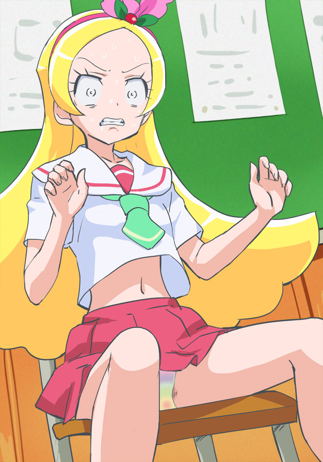 1girl blonde_hair chair clenched_teeth hairband haruyama_kazunori kirahoshi_ciel kirakira_precure_a_la_mode long_hair midriff multicolored multicolored_clothes multicolored_panties navel panties pantyshot pantyshot_(sitting) pink_hairband precure red_skirt scared sitting skirt solo teeth underwear wavy_mouth white_eyes