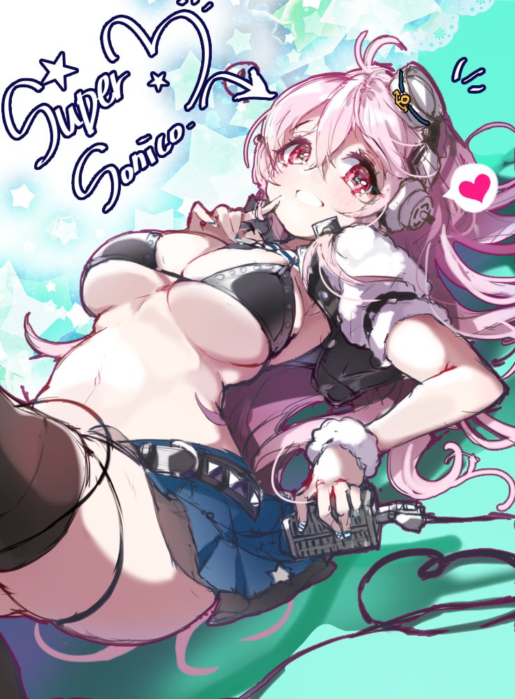 1girl bikini_top blush breasts cleavage headphones kanola_u large_breasts long_hair looking_at_viewer microphone nitroplus open_mouth pink_eyes pink_hair smile solo super_sonico swimsuit vintage_microphone